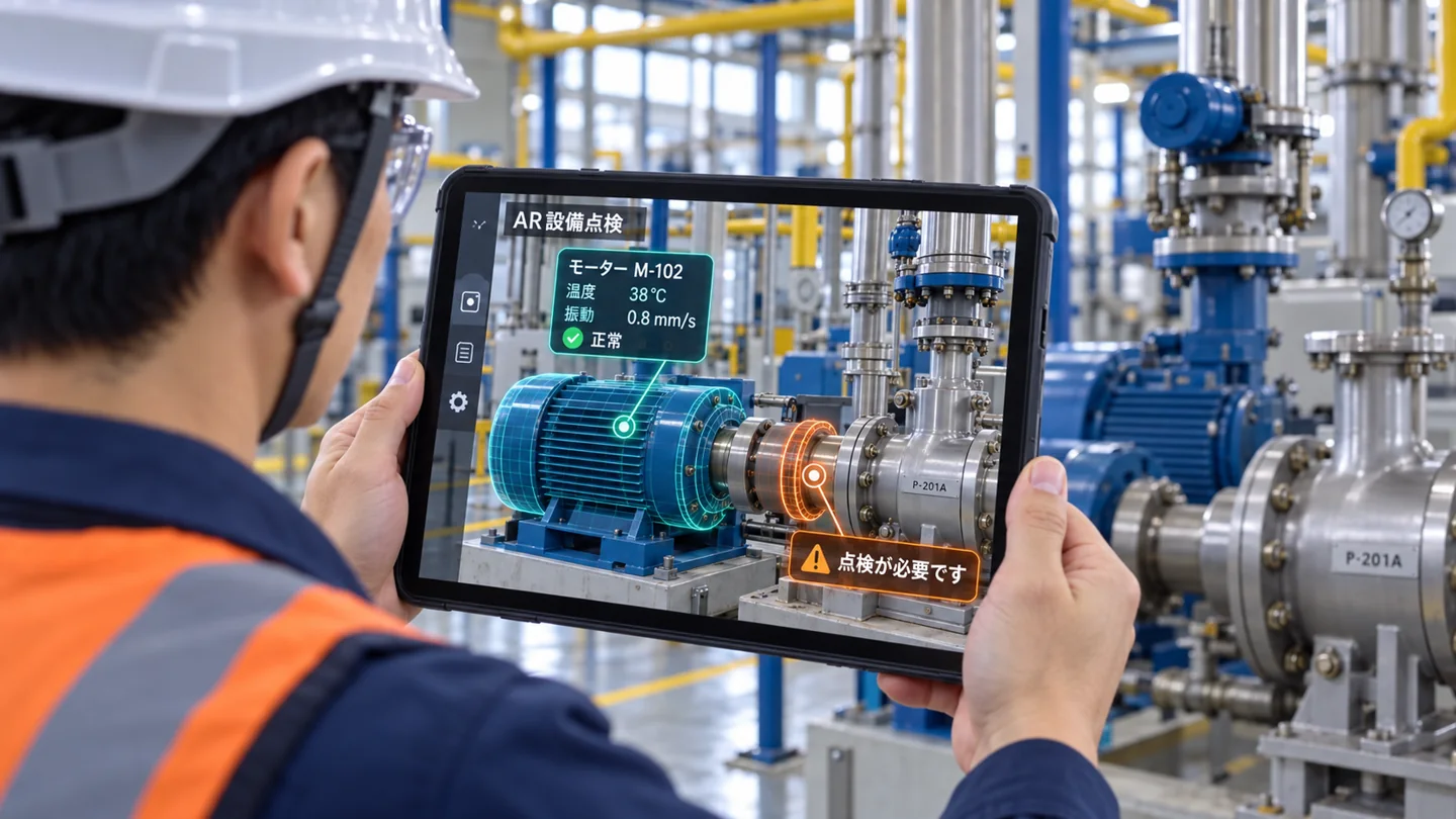 タブレットのAR画面で設備データ、部品のハイライト、点検案内を確認